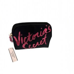 Victoria's Secret Black Satin Logo Cosmetic Bag Pouch Clutch